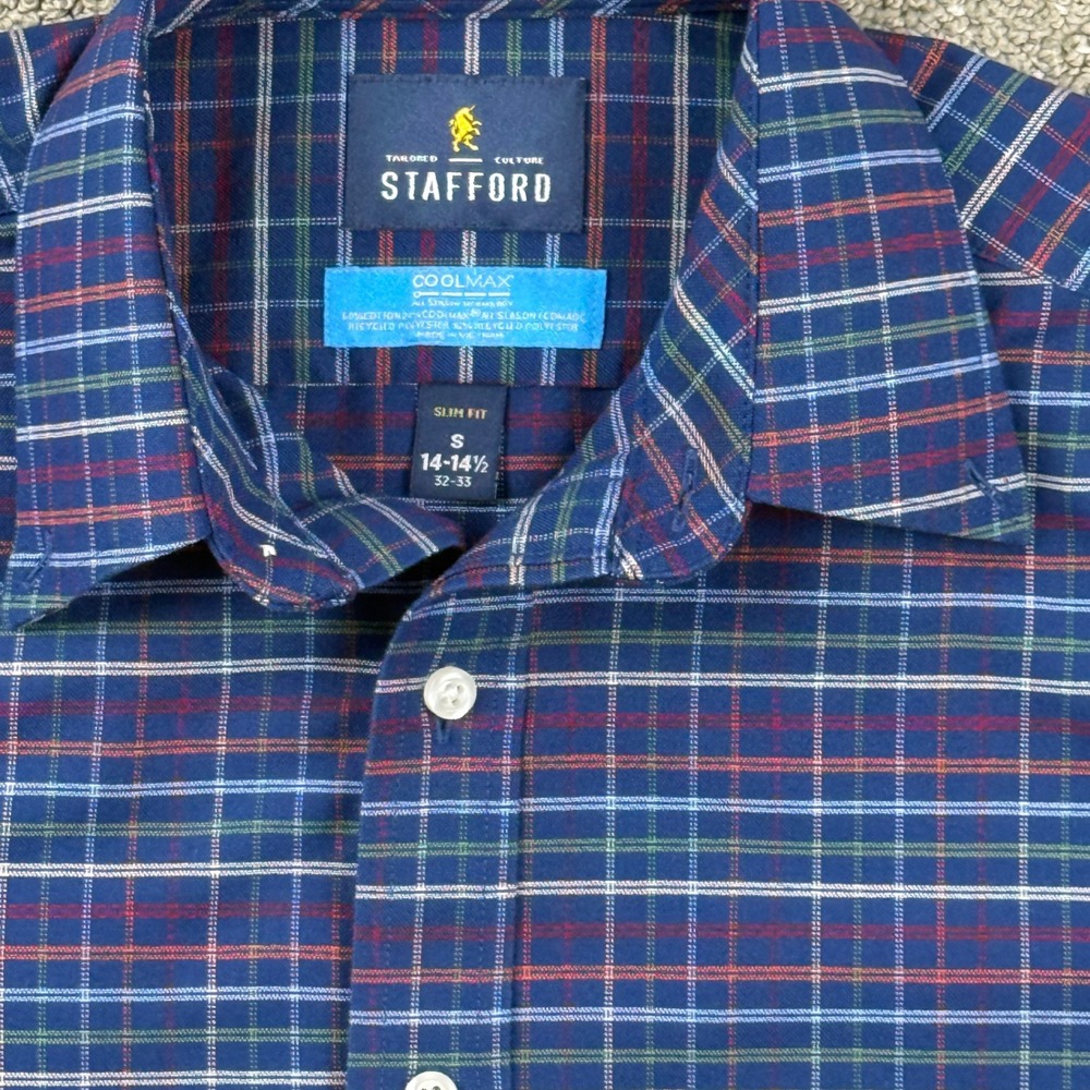 Stafford Button Down Men S Blue Plaid CoolMax Slim Fit Business Casual
